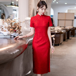 大码女装2024夏季新款新款复古红色改良旗袍中国风盘扣短袖连衣裙