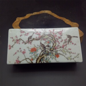 民国粉彩花鸟四方脉枕仿古瓷器古玩古董做旧老货精品收藏摆件