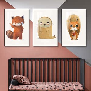 儿童房装饰画手绘动物床头墙面挂画可爱卡通幼儿园可爱狮子璧画