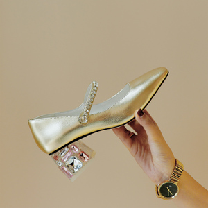 金色玛丽珍鞋银色高跟鞋复古方头粗跟真皮水晶跟小众原创水钻单鞋