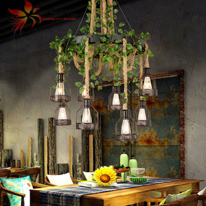 植物吊灯工业风奶茶咖啡酒吧网咖餐厅个性创意绿植麻绳灯饰灯具