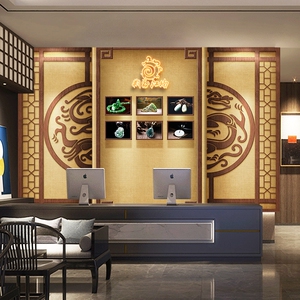3d新中式玉器店墙纸古风翡翠玉石直播间背景墙装饰古玩珠宝店壁纸