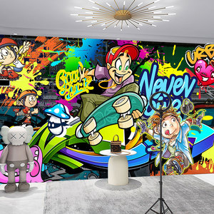手绘街头涂鸦墙纸滑板轮滑壁画舞蹈室嘻哈街舞壁纸体能运动馆墙布