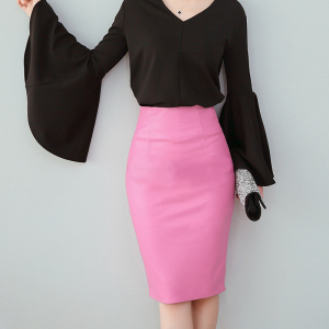 pu皮o型中裙显瘦修身性感一步裙 高腰小皮裙子包臀半身裙玫红黑色