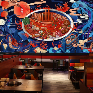 手绘成都重庆传统老火锅店背景墙壁纸复古怀旧国潮风墙纸墙面装饰