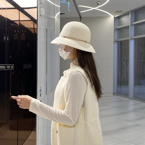 金属绑绳白色羊毛呢帽子女秋冬款圆顶渔夫帽法式复古赫本宽檐礼帽