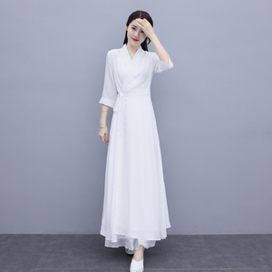 抖音网红同款中国风茶服女修身显瘦白色超仙改良汉服禅服连衣裙