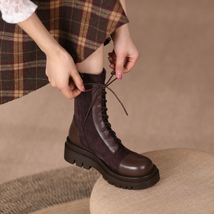 反绒皮复古厚底马丁靴女春季中筒弹力瘦瘦靴5cm