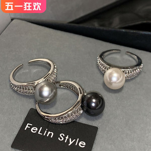 施家黑灰色澳白色单颗珍珠开口戒指女可调节时尚个性精致中指食指