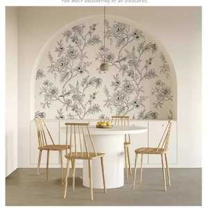 法式黑白线条花鸟壁纸手绘线描卧室墙纸餐厅客厅民宿定制无缝壁画