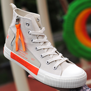 高帮帆布鞋休闲鞋透气侧拉链装饰潮流学生鞋潮男鞋子春季薄款韩版