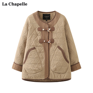 拉夏贝尔/La Chapelle圆领撞边针织拼接牛角扣小众棉服外套女冬季