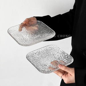 ins冰凝玻璃盘 透明方形盘子客厅家用菜盘创意点心碟水果盘甜品盘