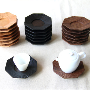 雨木|正八角杯垫 日式黑胡桃木大漆手工雕刻杯托茶具实木茶道杯垫