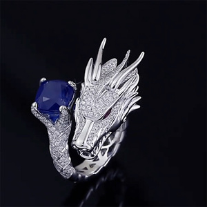 复古龙形戒指 1克拉蛋形红蓝宝石钻戒 18k金镶天然钻石无烧宝石