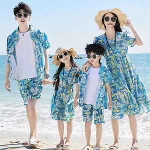 沙滩亲子装海边度假夏装洋气母女连衣裙2014高端一家三口家庭装潮