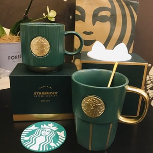 星巴克2021款墨绿色女神铭牌马克杯 陶瓷咖啡水杯 送盖勺垫手提袋