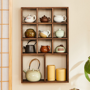 实木壁挂式格子架博古架墙上展示架茶杯架茶具收纳架置物架多宝阁