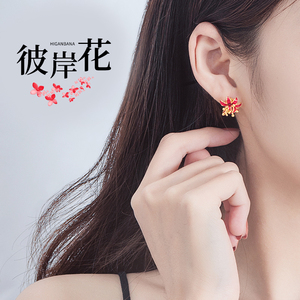 2021年新款潮纯银针彼岸花耳钉高级感气质曼珠沙华耳环红色耳饰品