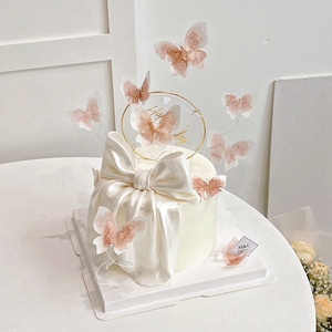 翻糖珠光白色蝴蝶结女神生日少女粉色蝴蝶蛋糕装饰透明球摆件插件