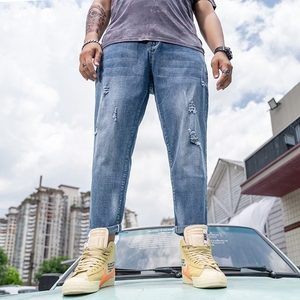 秋款男装肥佬破洞牛仔裤肥仔宽松特大码漏洞九分裤胖子乞丐长裤子
