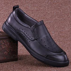 外贸夏季镂空男士皮鞋打孔透气休闲鞋真皮软底网眼牛皮一脚蹬男鞋
