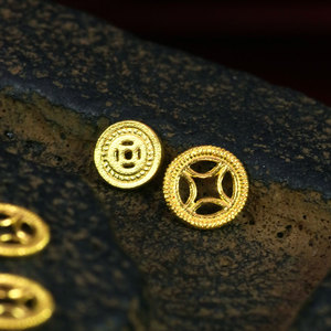 黄金999足金纯金手工老金錾刻迷你铜钱扣隔片隔珠手绳手链配件diy
