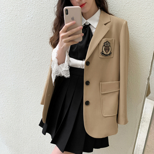 学院风黑色小西装外套女2021春秋款韩版休闲宽松长袖徽章西服上衣