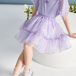 mini peace太平鸟童装女童半身裙夏新款紫色格纹女童公主蓬蓬短裙