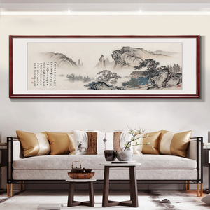 新中式山水沙发背景墙装饰画实木框国画客厅挂画鸿运当头