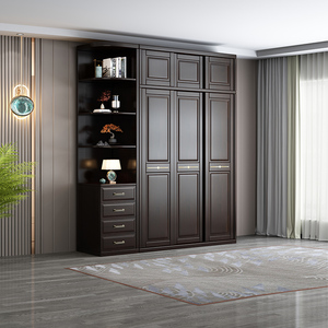 新中式实木推拉衣柜滑动移门柜子小户型卧室收纳储物木质成人衣橱