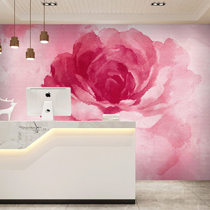 美容院墙纸轻奢温馨粉色玫瑰花服装店直播间美妆美甲店工作室壁纸