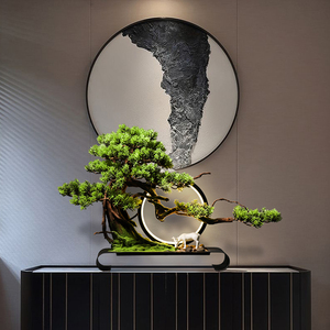 新中式仿真迎客松盆景办公室桌面摆件绿植客厅玄关装饰品酒店软装