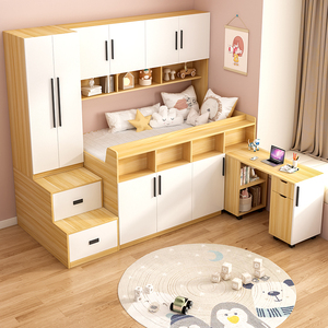 衣柜床一体小户型儿童床衣柜一体卧室套装组合全实木多功能半高床