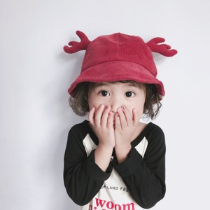 婴儿渔夫帽1岁可爱宝宝帽子灯芯绒鹿角2岁儿童帽子时尚男女童盆帽