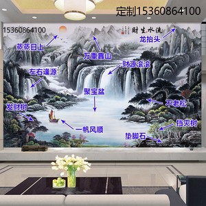 中式电视背景墙纸办公室山水风景墙布客厅聚财影视墙装饰壁画自粘