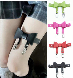 时尚朋克风性感蝴蝶结pu皮吊袜带网袜夹袜带萌妹抖音街拍腿环腿圈