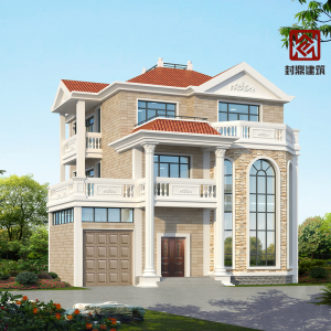 自建房二三层半简欧风格别墅带旋转楼梯车库设计新农村洋房图纸