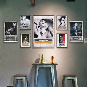 复古欧美工业风酒吧挂画吧台背景画小酒馆ktv黑白美女雪茄装饰画