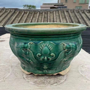 八十年代绿釉双龙双凤盆大号盆栽盆景盆陶瓷老石湾老旧花盆
