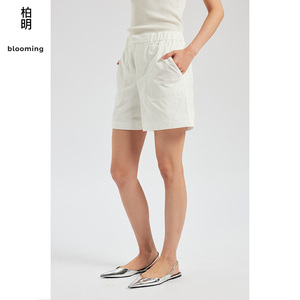柏明blooming2023年秋季女装白色休闲中腰直筒松紧腰显瘦短裤