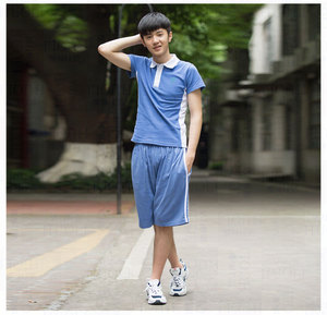 深圳校服正品莎臣豹中学男生夏运短袖上衣蓝色短裤纯棉健康环保料