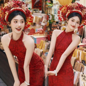 簪花服装红色旗袍女新娘新中式旅拍写真拍照礼服显瘦高级感摄影服