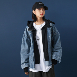 假两件拼接牛仔外套女秋季2021新款百搭宽松休闲bf风情侣连帽上衣