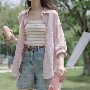 衬衫防晒衣女夏季开衫外搭小个子设计感宽松慵懒风粉红色衬衣外套