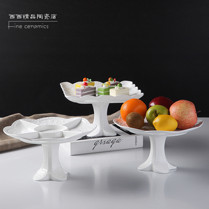 欧式浮雕纯白高脚水果盘镂空陶瓷餐具蛋糕陶瓷盘子创意方形点心盘