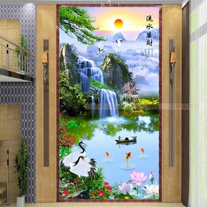 竖版瓷砖流水生财山水画玄关迎门墙壁画日出高山仙鹤荷花鱼风景图