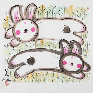 名人字画韩美林手绘写意四尺斗方属相兔家居装饰古玩字画收藏包邮