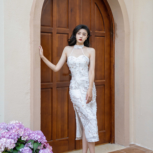 肖夫人新中式水墨年华复古挂脖法式白色2024年夏季新款旗袍连衣裙