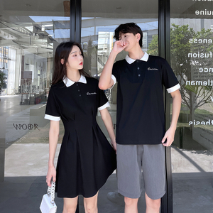 polo领情侣装夏季套装连衣裙子夏装气质学生班服衣服女一裙男一衣